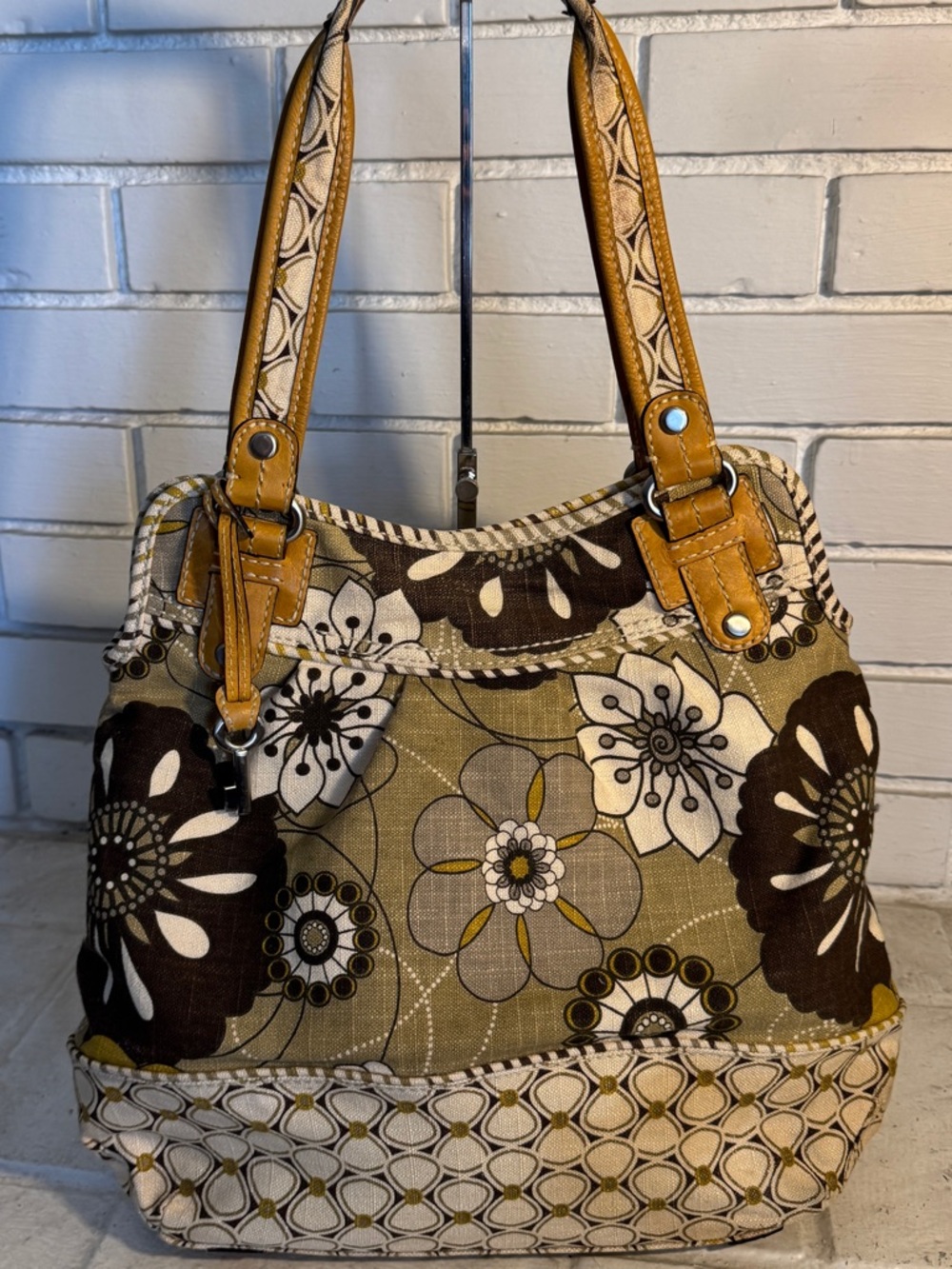 Vintage Fossil Floral Canvas & Leather Shoulder Bag | Boho Tote ZB 2909